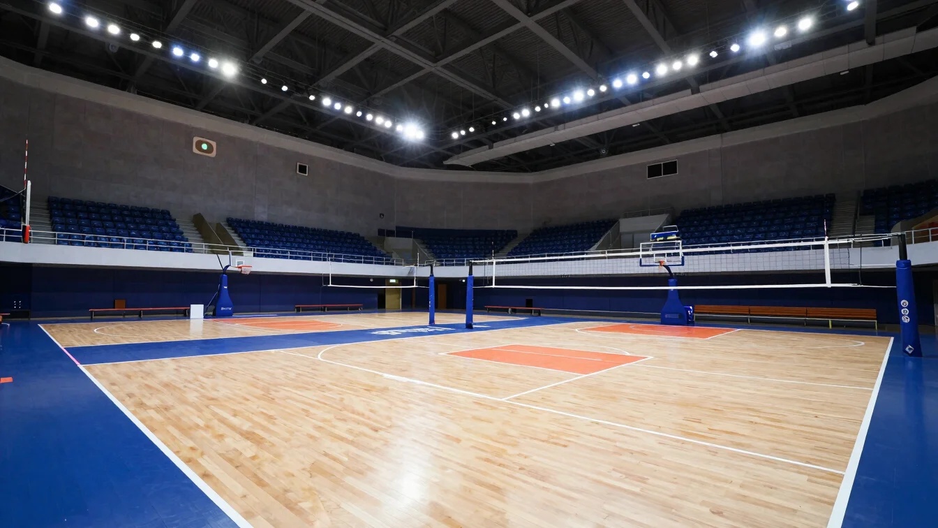 Wide environmental shot of professional indoor basketball and volleyball courts under bright natural daylight
