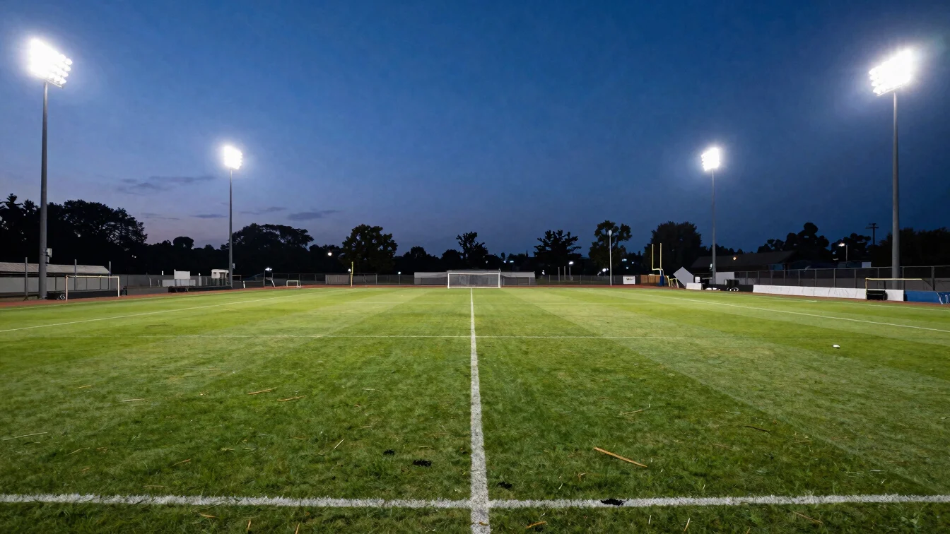 Outdoor illuminated athletic turf field at twilight, wide-angle lens, crisp stadium lighting