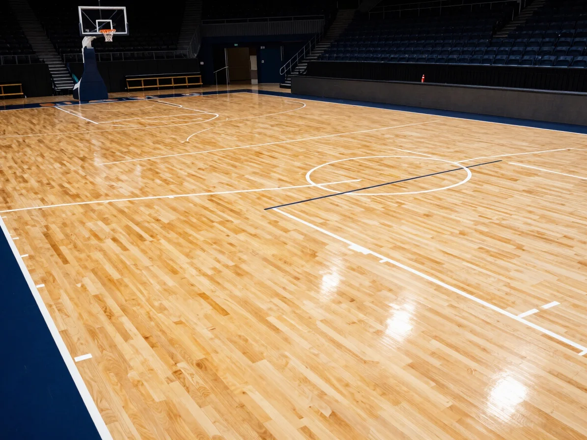 Professional indoor hardwood basketball court with regulation hoops and clean line markings