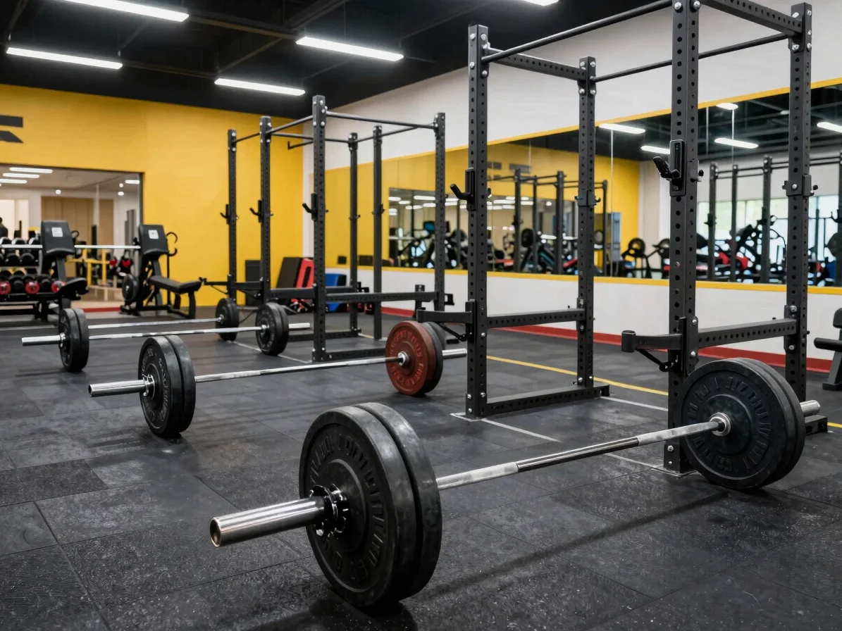 Clean high-end barbells and professional strength training racks on a durable rubber floor