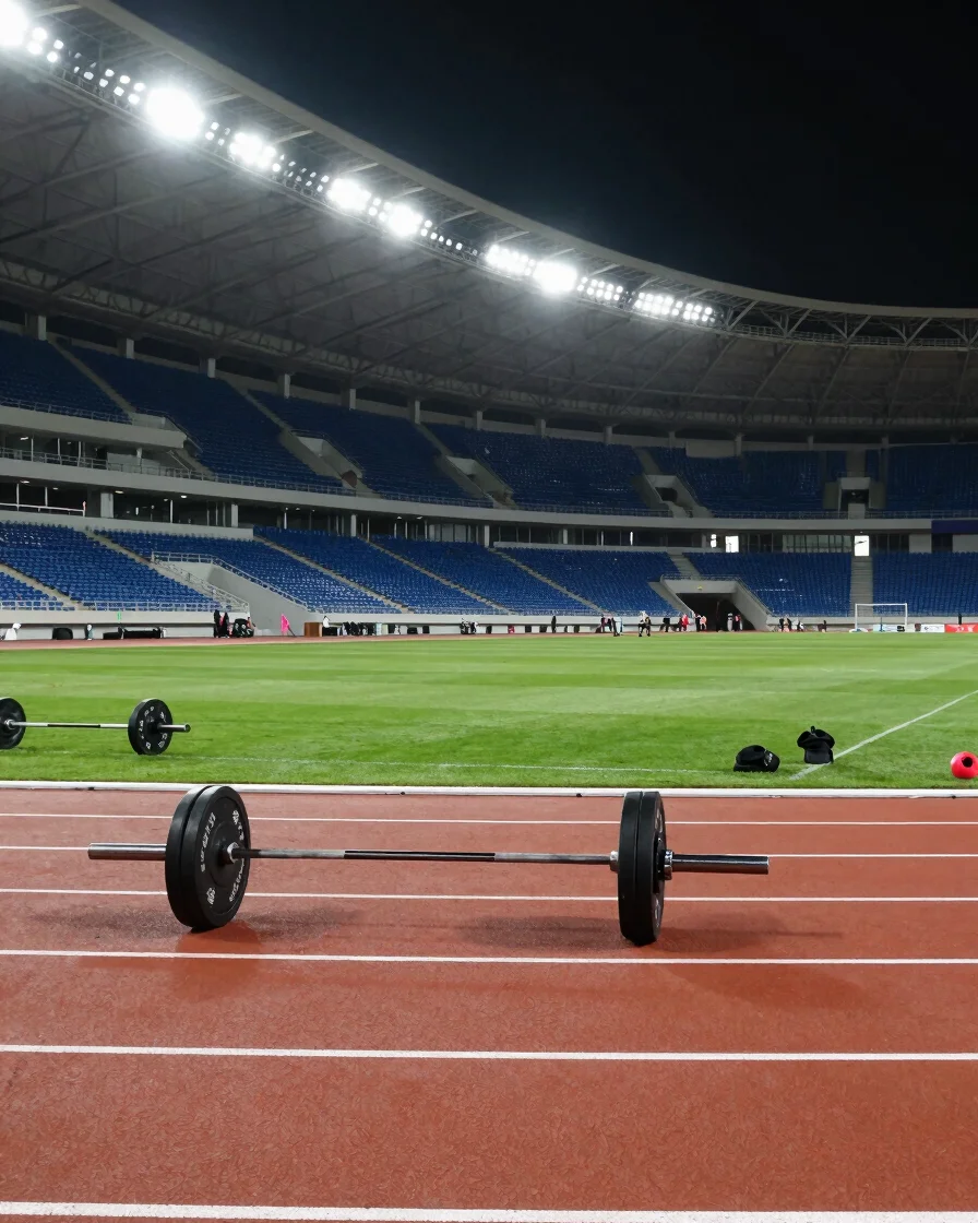 Wide architectural facility perspective of an indoor turf track under bright stadium lighting, clean barbells and profes