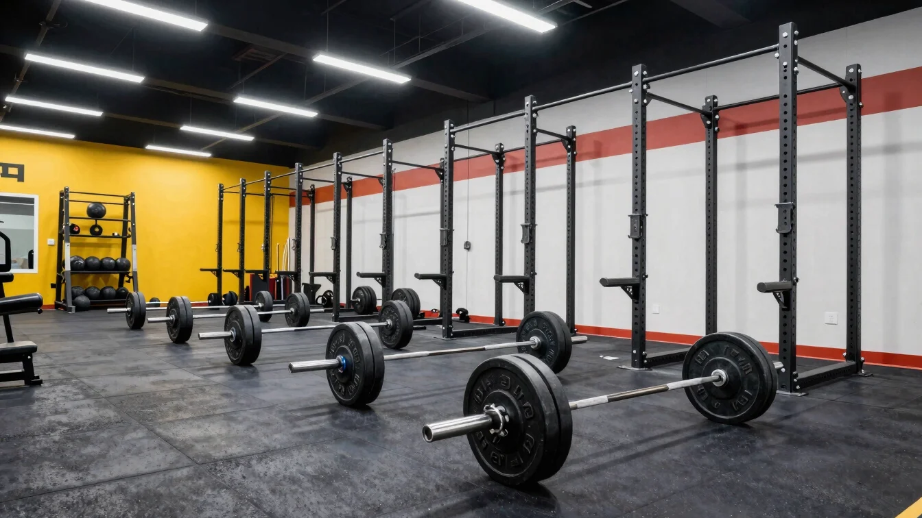 Clean high-end barbells and strength racks lined up on a dark rubber gym floor, bright overhead lighting
