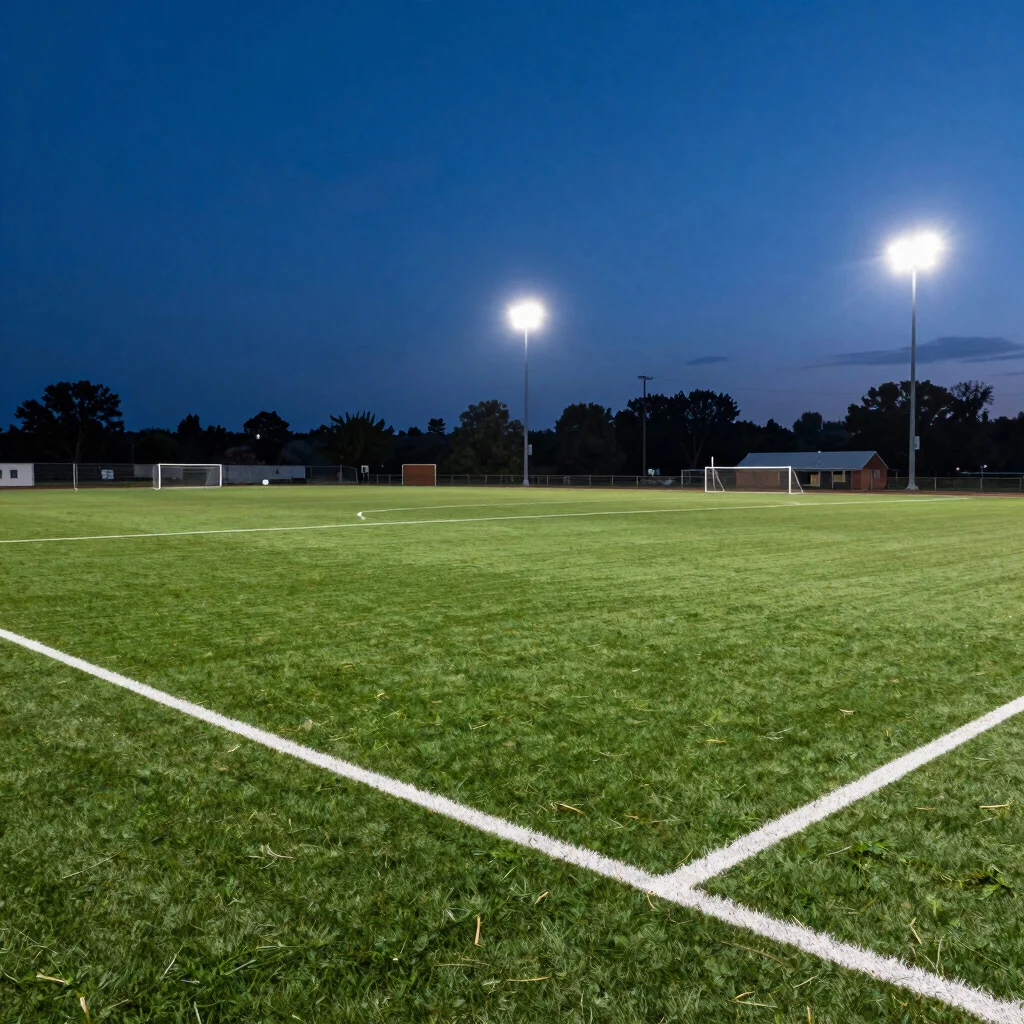 Illuminated outdoor turf field at twilight with crisp field lines and stadium lights