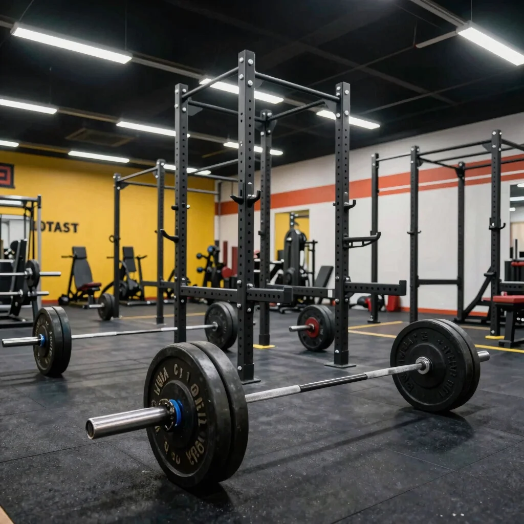 Clean high-end barbells and professional strength training racks on a dark rubber gym floor