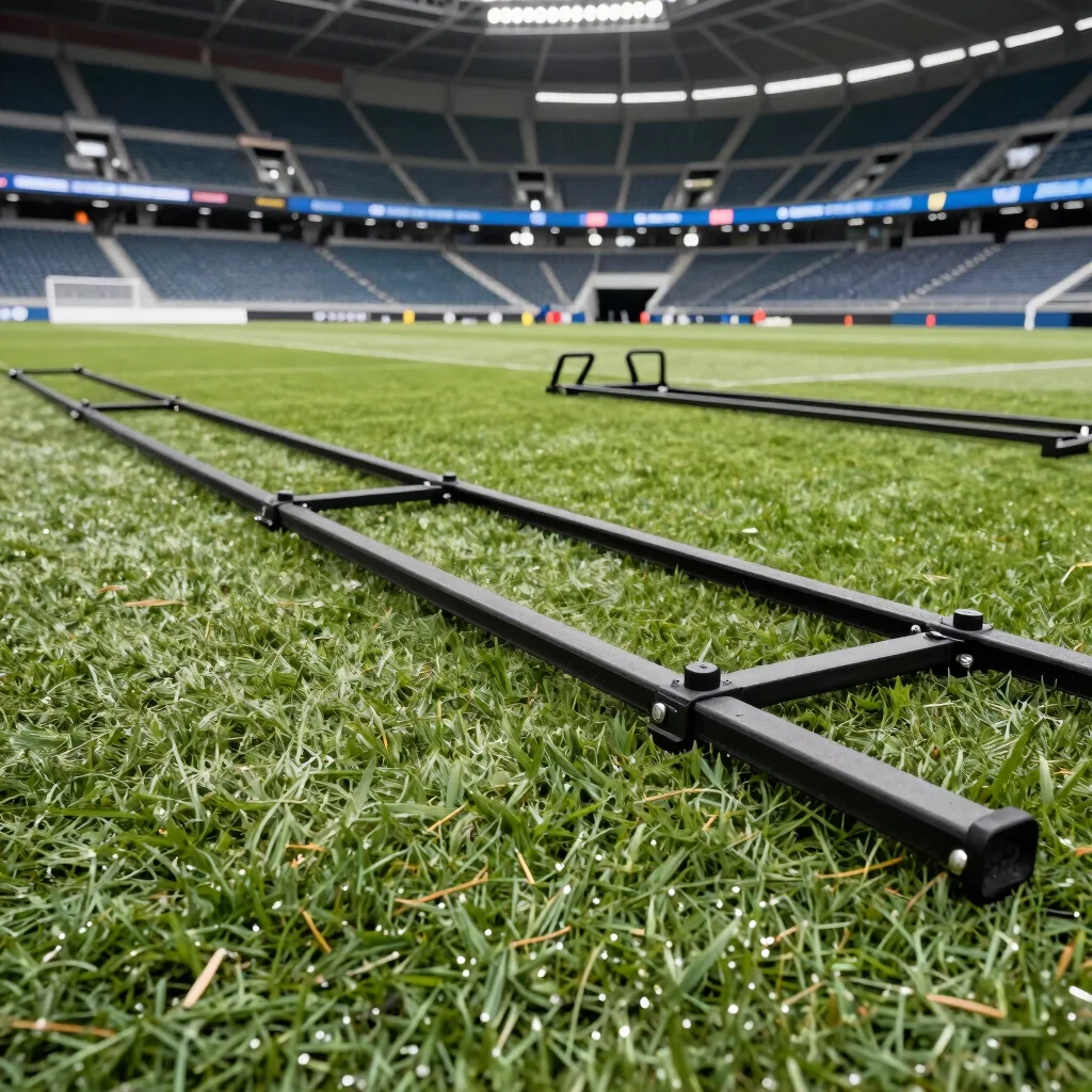 Close-up of durable turf tracks and functional training sleds under clean facility lighting