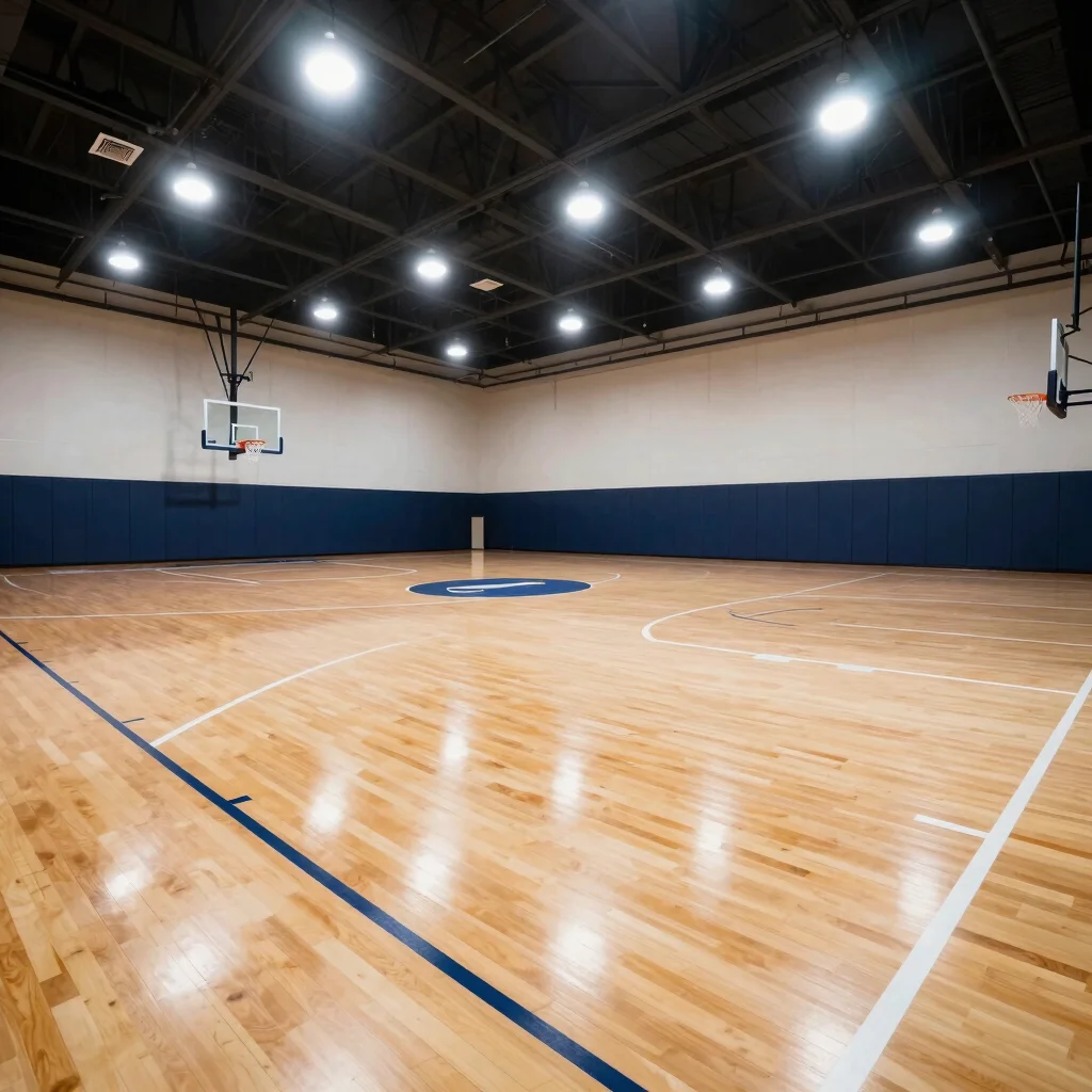 Wide environmental shot of professional indoor hardwood basketball court under bright high-bay stadium lighting